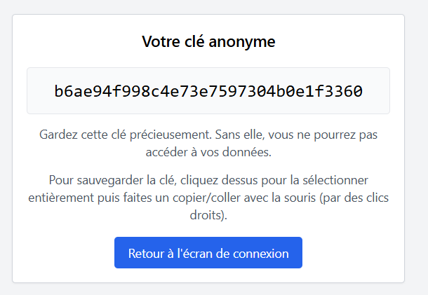 Affichage de la clé d'accès anonyme